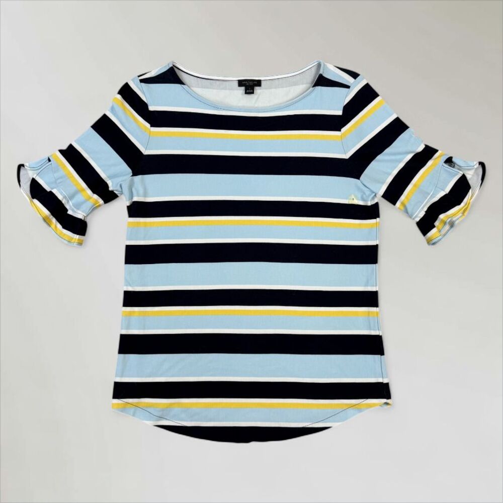 Ann Taylor Factory Women's Top Ruffle Split Sleeve Blue Yellow Striped Sz Sm